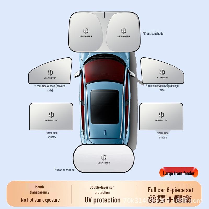 Комплект солнцезащитных штор для автомобиля Leapmotor: Модели C10, C11, C16, T03, A10, LAFA5 - 5-компонентные солнцезащитные шторки для лобового и боковых стекол.