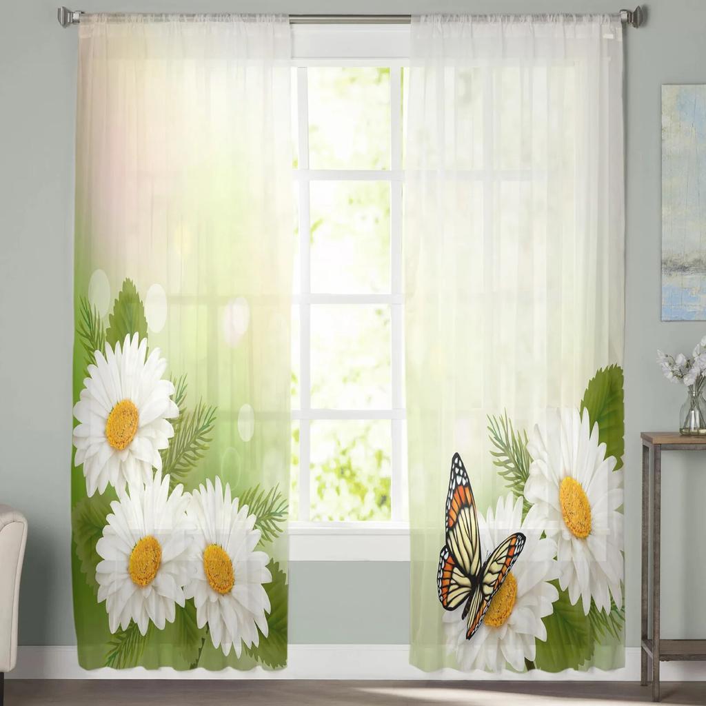 Прозрачные шторы с белым цветком, хризантемой и бабочкой для спальни, гостиной, вуали, оконные шторы, тюлевые шторы для детской комнаты