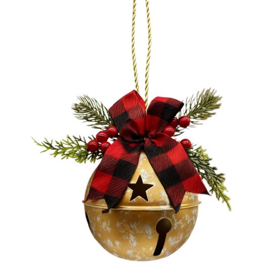 Рождественский колокольчик, украшение, деревенский рождественский колокольчик с сосновыми иголками, красными ягодами, клетчатым бантом, металлический колокольчик-сани, фермерский декор для подвешивания на рождественскую елку