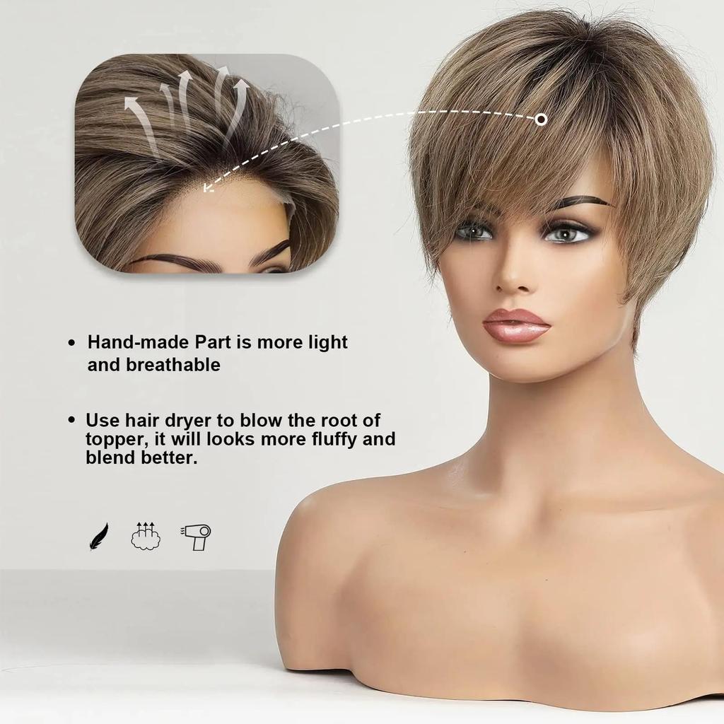 HAIRCUBE Парики спереди на шнуровке Ombre Коричневые человеческие волосы Remy Пепельно-коричневые волосы со стрижкой пикси с челкой Короткий прямой парик для женщин Боб Человеческий парик