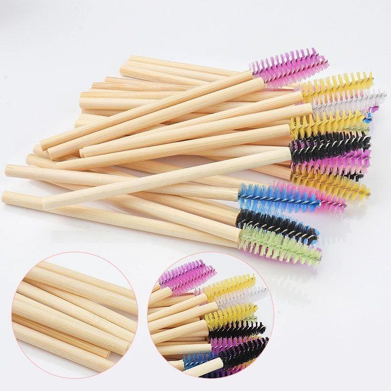 Wholesales Eco Mascara Eyelash Brushes Applicators with Bamboo Handles Biodegradable Pink Black Brown Lash Spoolies 50pcs/bag