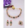 ZAVERI PEARLS Green & Pink Stones Ethnic Collar Bone Necklace Earring & Ring Set For Women