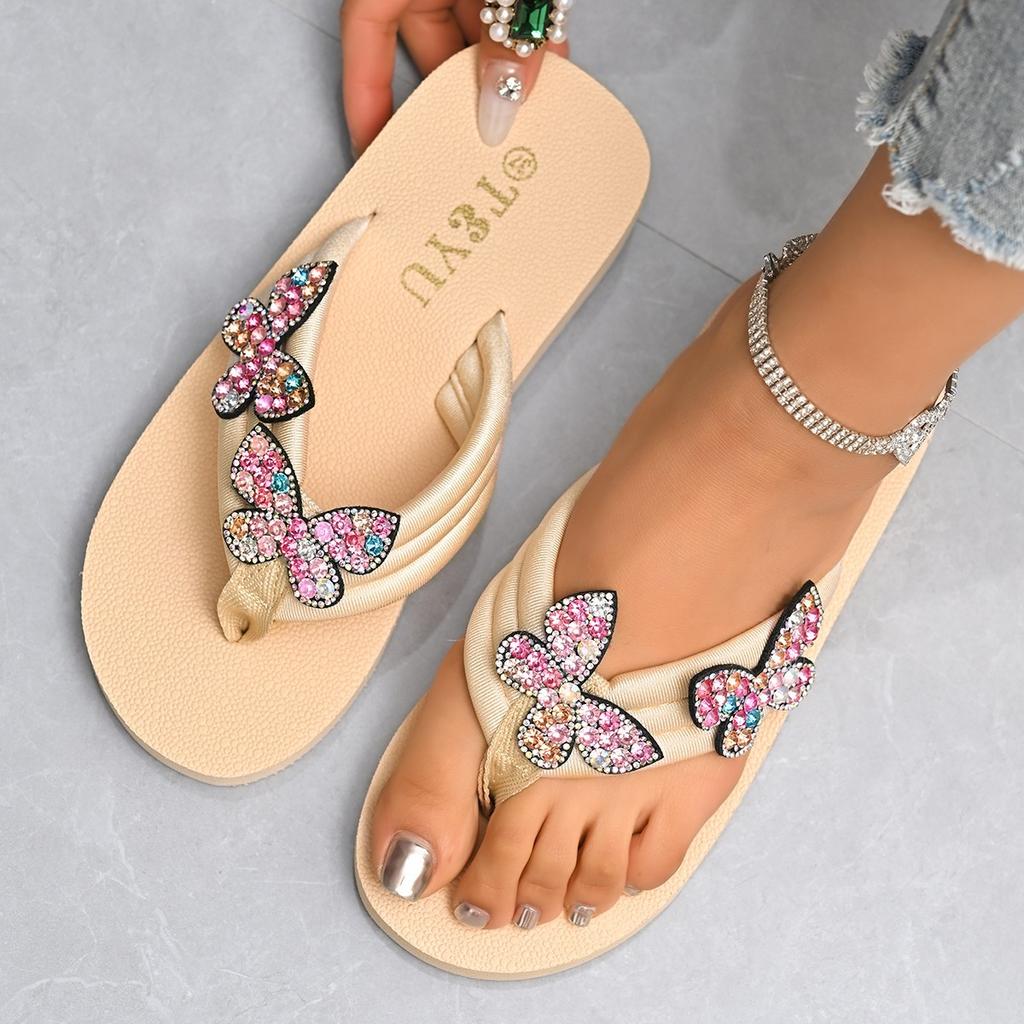 Повседневные шлепанцы женские 2025 лето новые шлепанцы на платформе-маффине модные шлепанцы для пляжа со стразами в виде бабочек