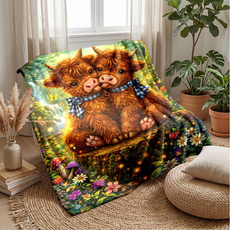 Highland Cows in Magical Forest Theme blanket Lightweight Warm Flannel Blanket Decorative Throw Blanket for Home Decoration