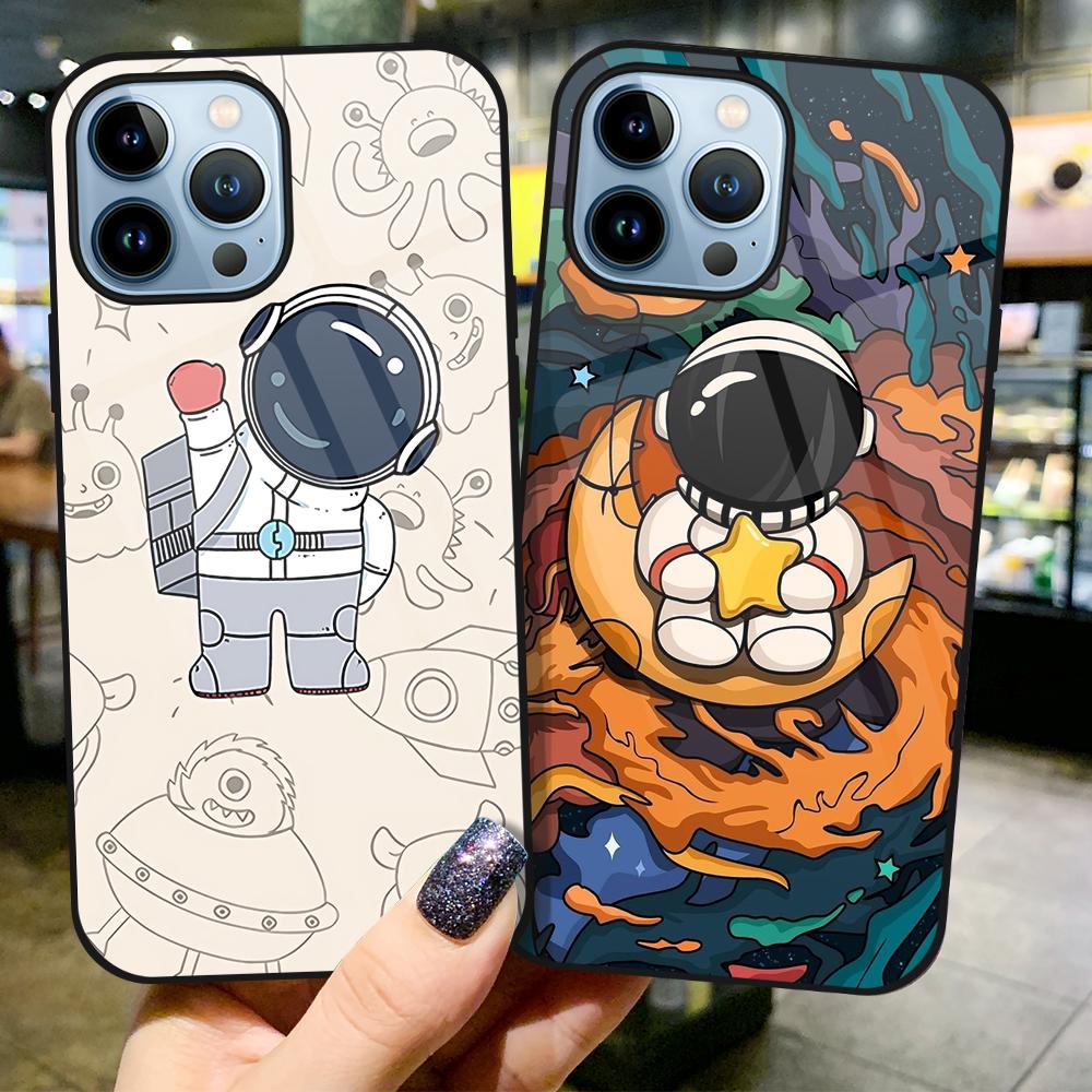 Чехол с милым астронавтом с рисунком для Iphone 11 14 13 12 Pro Max Mini Xs Xr X 7 8 6s Plus Se 2022, задняя крышка из закаленного стекла, чехол