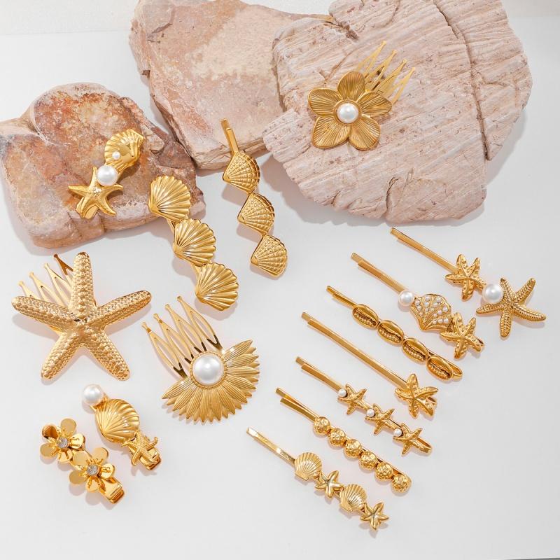 Trendy Gold Color Flower Shell Starfish Hair Clips Y2K Hairpins Women Girls Metal Imitation Pearl Side Headwear Hair Accessories