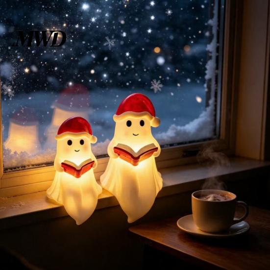 Festive Window Sill Decorations Cute Ghost Reading Book Lamp, Christmas Resin Figurine with Santa Hat, Decorative Lights for Holidays Warm Lighted
