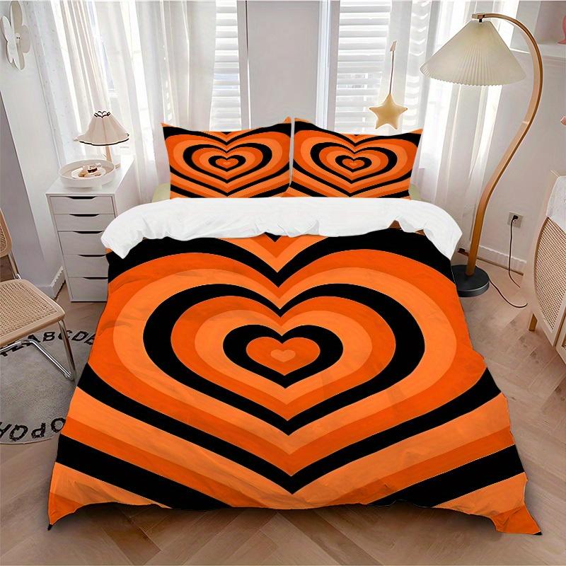 3pcs Orange Heart Pattern Bedding Set, Ideal for Home Use, Suitable for Bedroom Decor (1*Duvet Cover + 1/2*Pillowcases, No Core) yy250821201