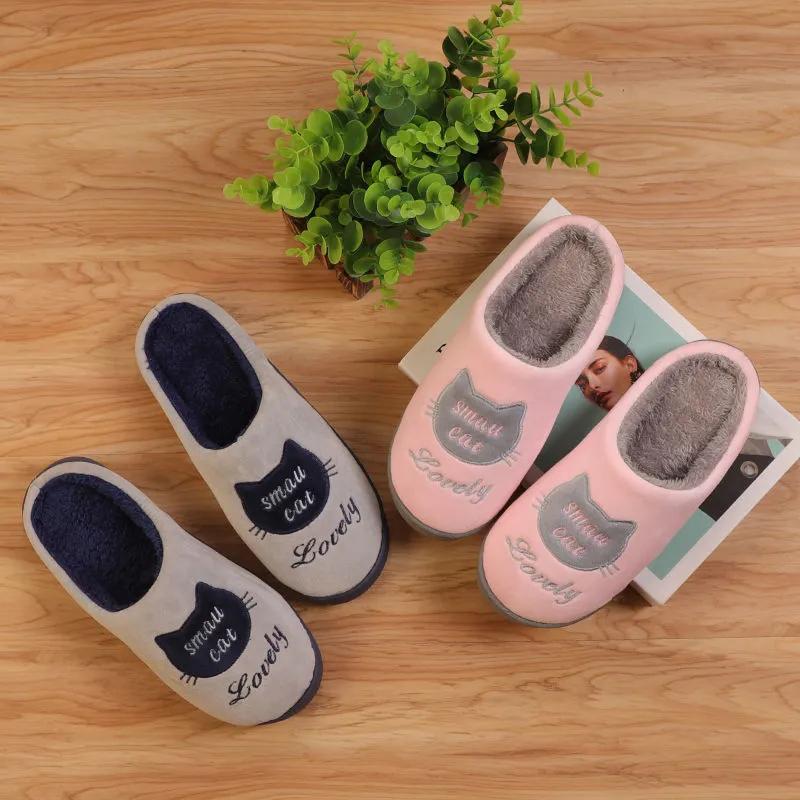 Женские тапочки розового цвета с милым котом, толстые флисовые теплые домашние домашние пары, хлопковая обувь больших размеров, мужские синие нескользящие тапочки
