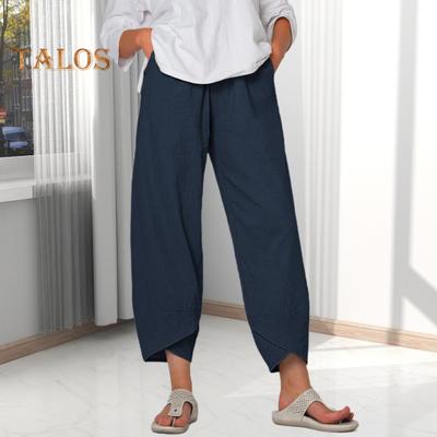 Женские брюки с дышащей резинкой на талии в стиле ретро, этнические, однотонные, укороченные брюки, широкие повседневные брюки