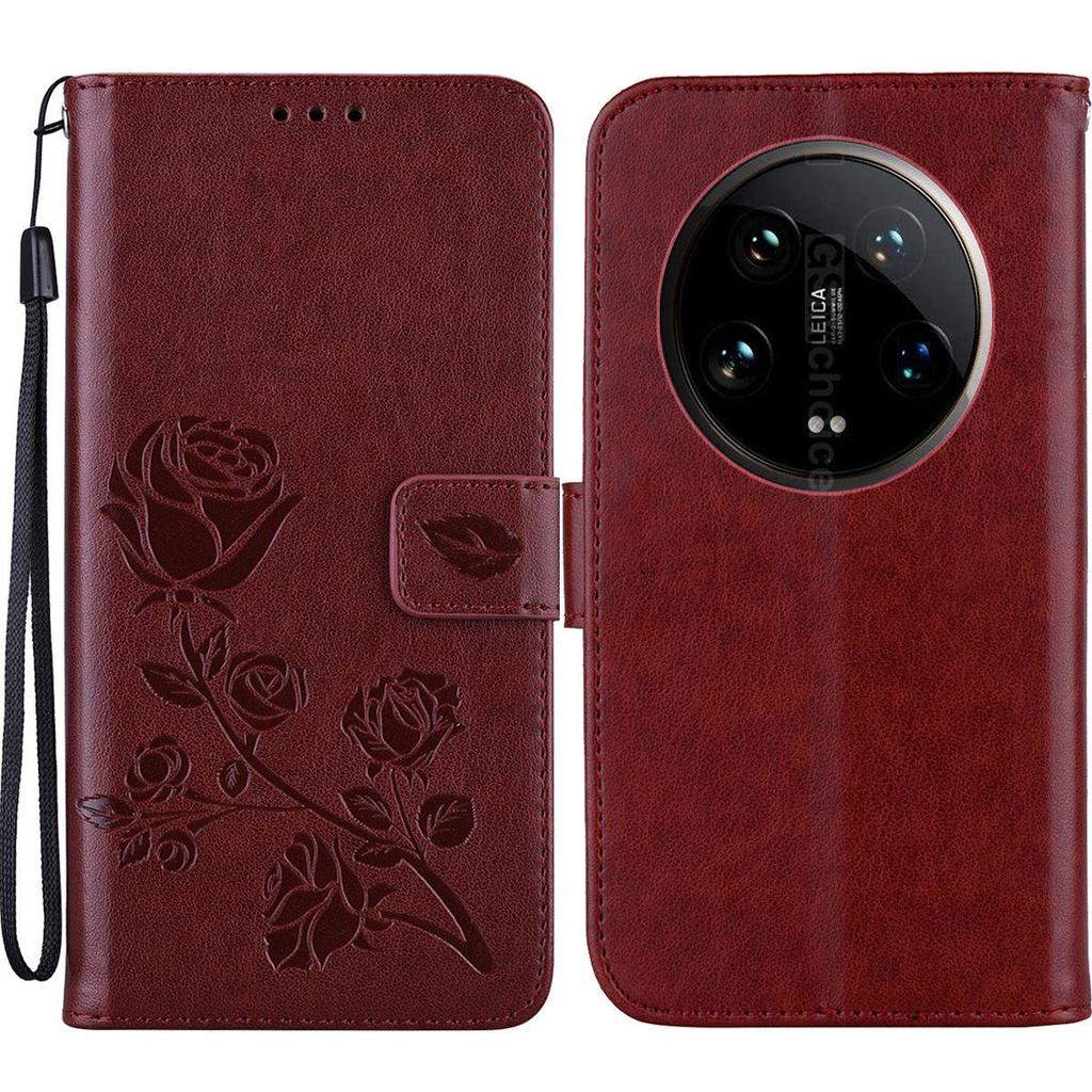 Тисненая кожаная книжка с розой для Xiaomi 14 Ultra, кошелек, слоты для карт, чехол