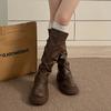 Vintage Belt Buckle Woman Knight Long Boots Fashion Pleated Low Heel Knee High Booties Botas De Inverno Feminina