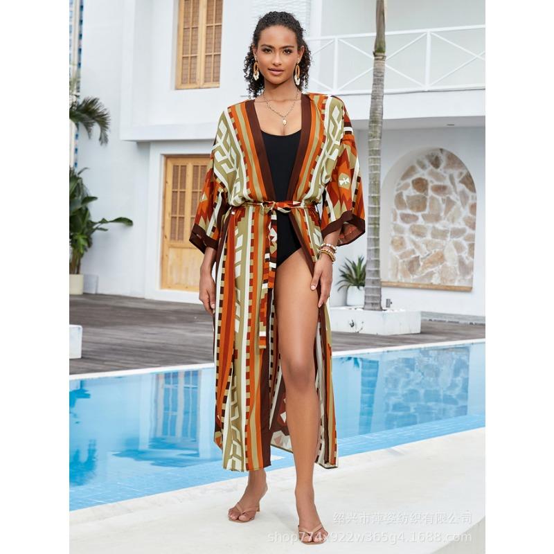 Плюс Размер Женский Пляжный Принт Кардиган Бикини Солнцезащитный Купальник С Накидкой