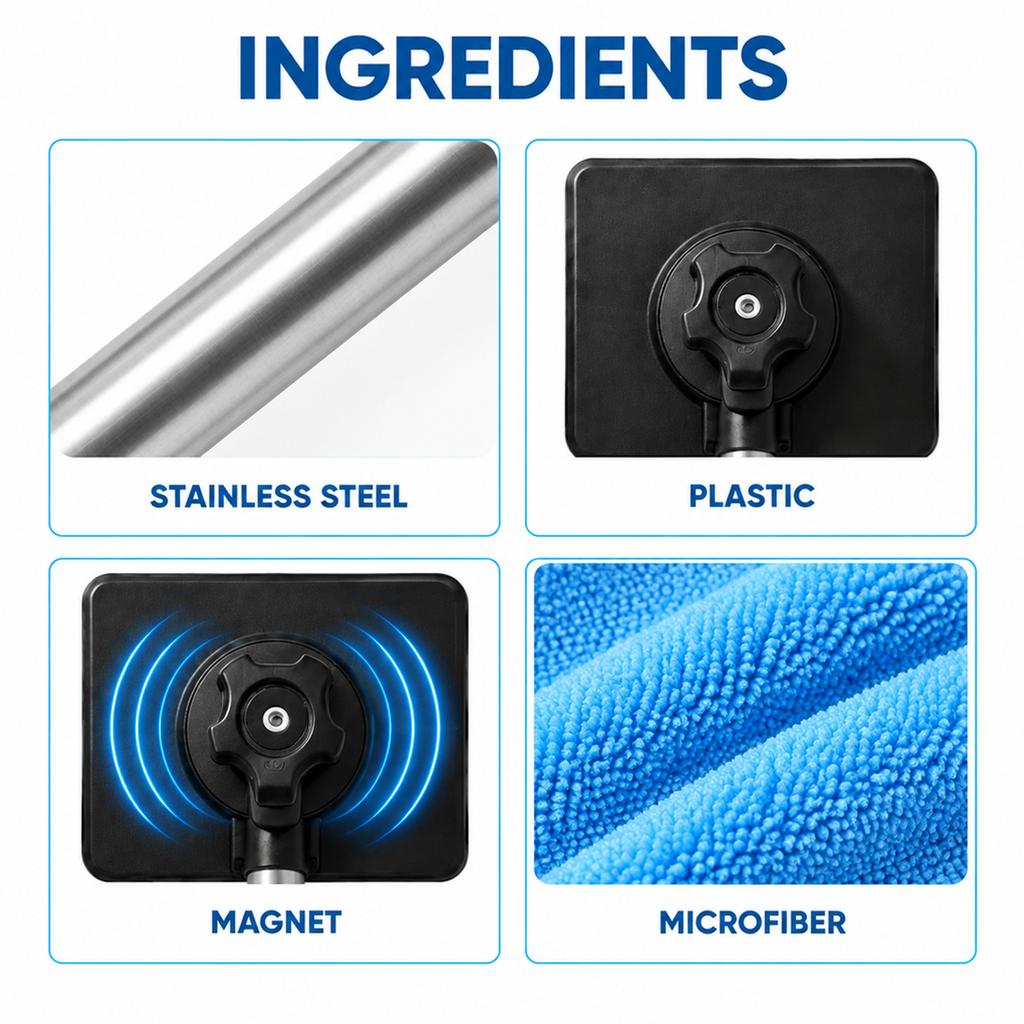 Magnetic windshield cleaning brush, featuring dual-sided cleaning, an adjustable handle, and replaceable brush heads for easy and convenient cleaning