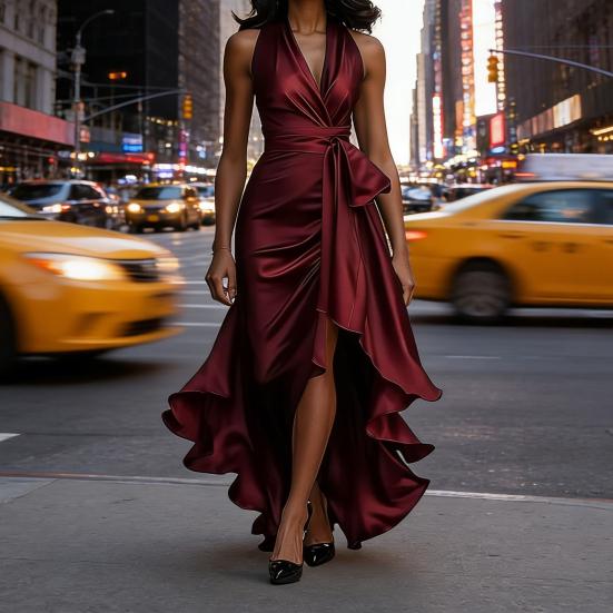 Женское атласное платье миди с оборками, высоким низом, без рукавов, с V-образным вырезом, халтер, завязкой на талии, для выпускного вечера, гостя на свадьбе, вечеринки, коктейля