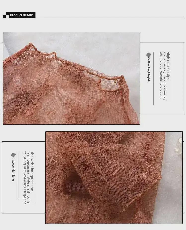 Блузка из кружевной сетки Four Seasons с полувысоким воротником и длинными рукавами, просвечивающая, в корейском стиле