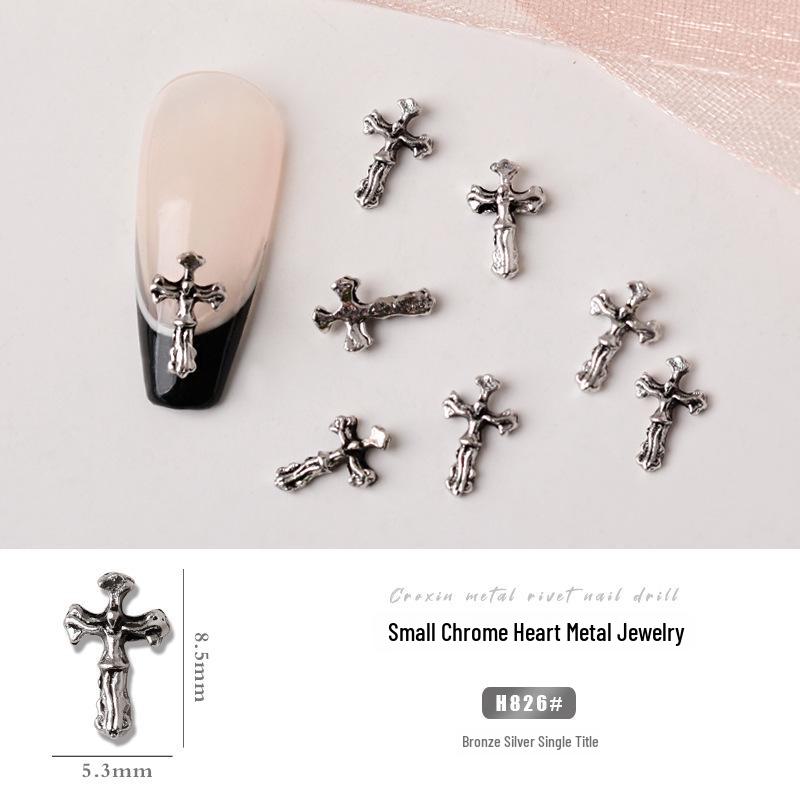 Chrome Heart Cross & Diamond Nail Art Jewelry - Retro Punk Style Accessories