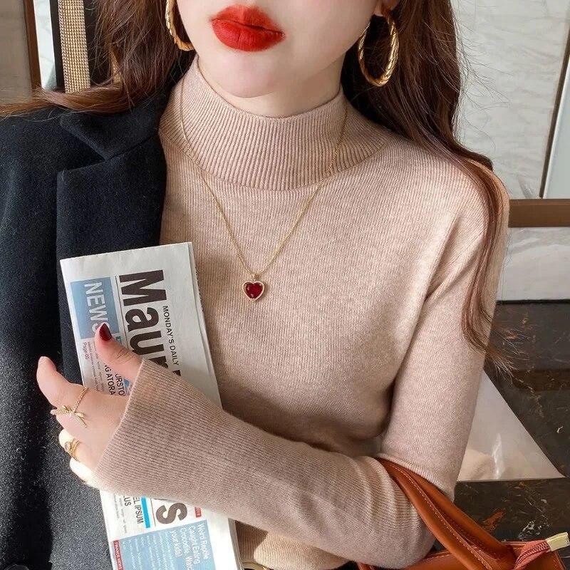 Sweaters Pullover Knitwear Women Autumn/Winter Solid Half High Collar Long Sleeve Versatile Sweater Pullover Female Top
