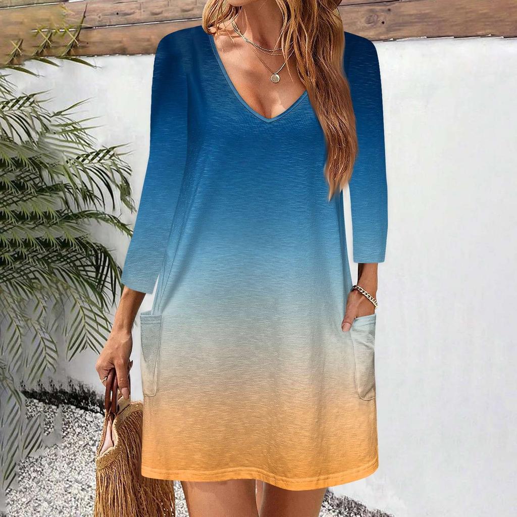 Women's Casual And Fashionable V-neck Gradient Printed Pocket 3/4 Sleeve Loose Fitting Dress