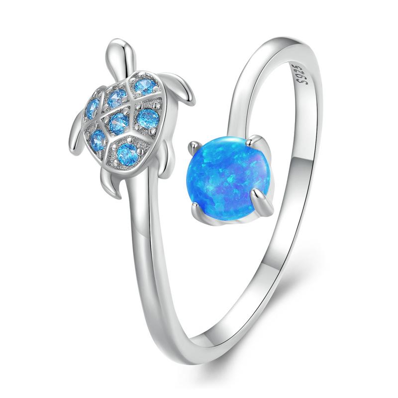 WOSTU Real 925 Sterling Silver Blue Turtle Fire Opal Opening Ring For Women Ocean Animal Stackable Ring Party Jewelry Gift R928