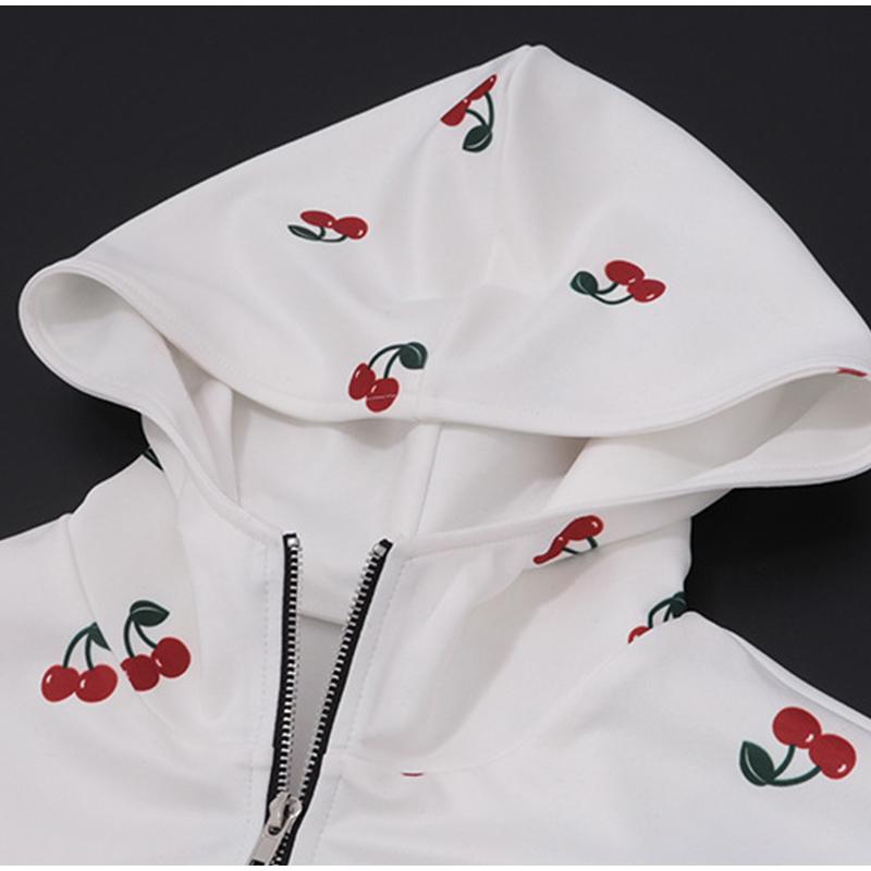 Женская модная белая толстовка с капюшоном с принтом вишни 2025 года, весна, женская свободная уличная толстовка с длинным рукавом и капюшоном на молнии