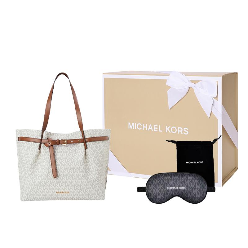 Michael Kors MK Emilia Классический Монограммный Принт Модный Дизайн для Поездок на Работу Шнуровка Кожаная Сумка-Тоут Женская Тоут Ванильно-Белая Кожано-Коричневая 35S1GU5T7B-150