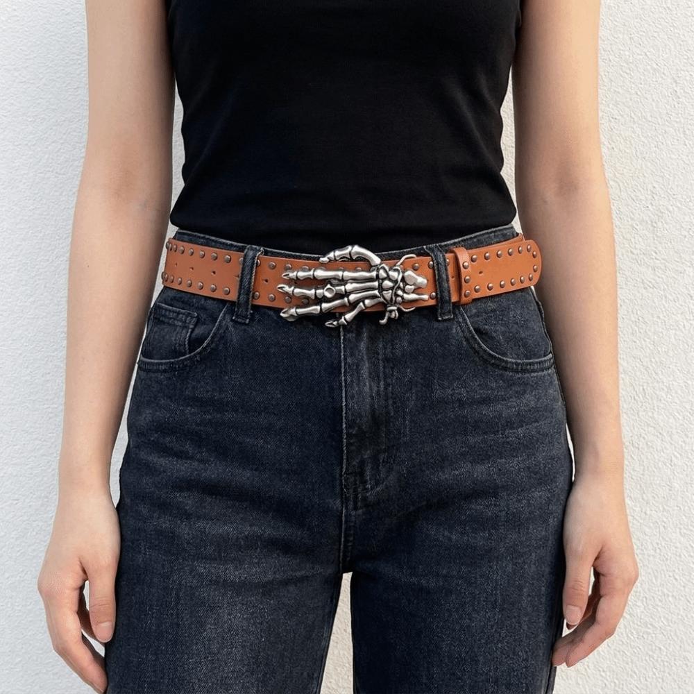 Wide Black Rivet Belt Cool Skeleton Claw Belt Vintage Skull Waistband Festival