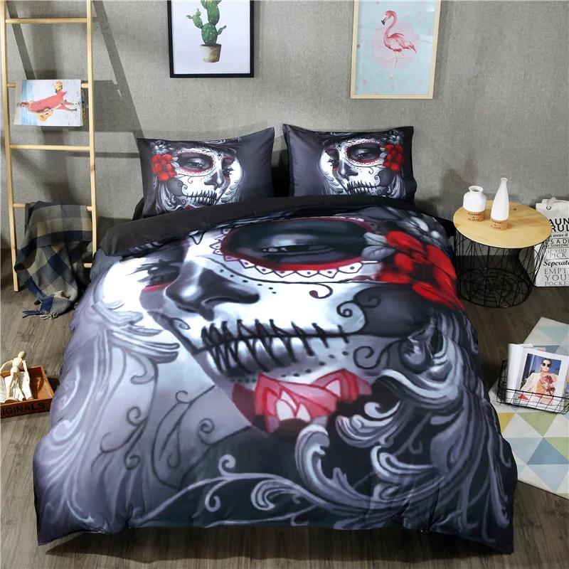 Комплекты постельного белья Sugar Skull King Beauty Kiss Skull, пододеяльник, комплект постельного белья Bohemian Print, черное постельное белье Queen Size