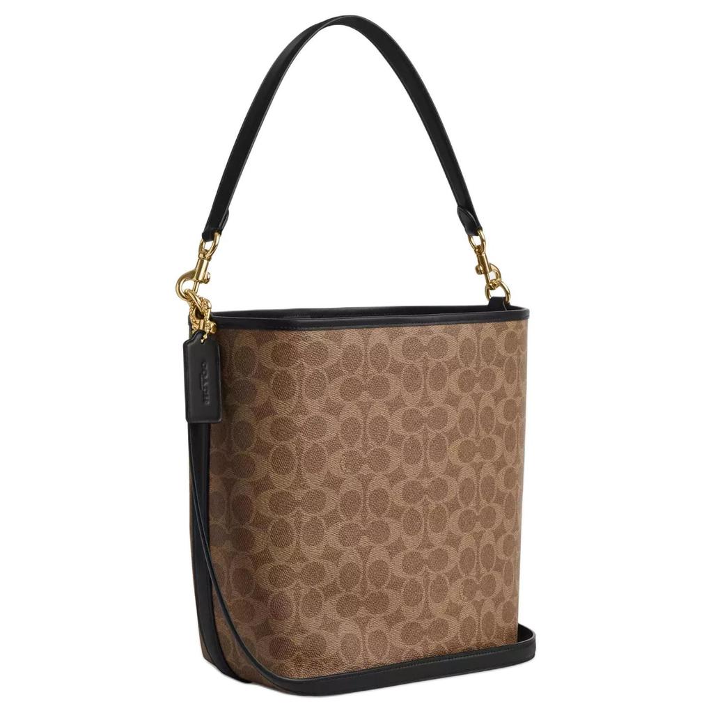 Coach Women's Signature Canvas Bucket Bag, Black & Tan Contrast Trim Shoulder Bag with Gold Hardware