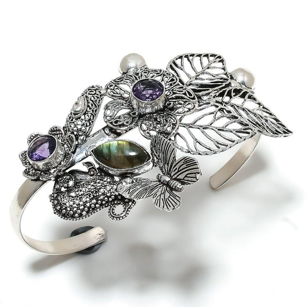 Натуральный лабрадорит, аметист, драгоценный камень, серебро 925 пробы, браслет-манжета, регулируемый. n2W91