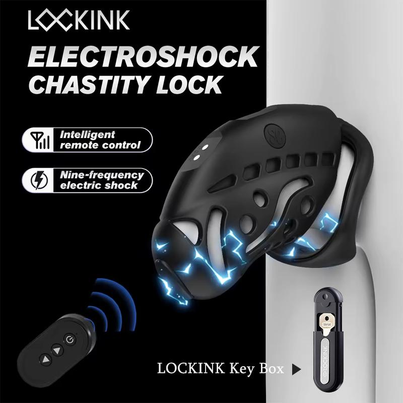 LOCKINK Electric Shock Chastity Cage Remote Control Chastity Device with 3 Rins Urethral Plug Key Box Male Penis Cage Sex Toys
