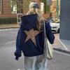 Fashion Simple Leopard Print Five-pointed Star Hooded Sweater Casual Loose Kangaroo Pocket Drawstring Pullover Tops
