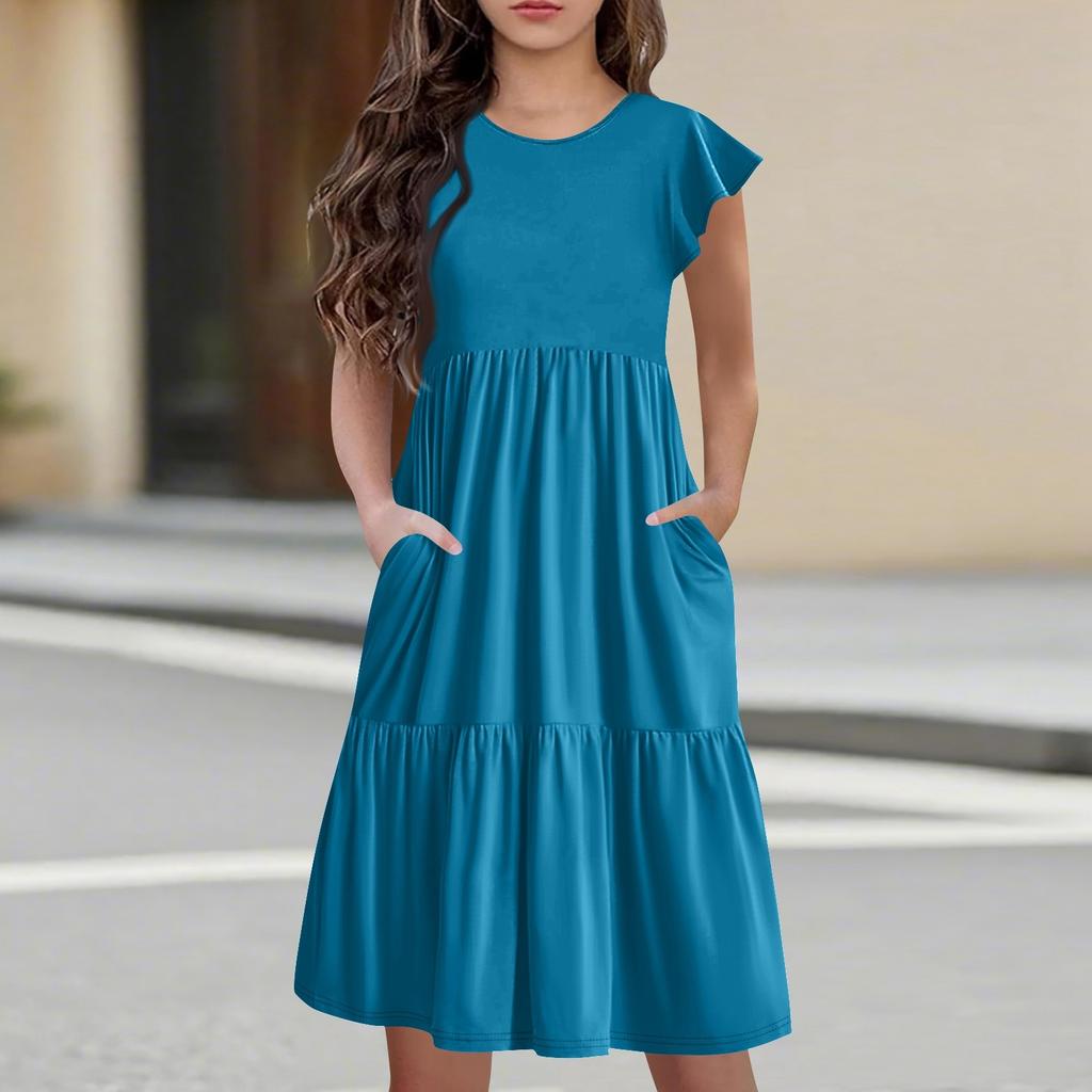 Детская юбка с круглым вырезом, плиссированная, с коротким рукавом, юбка принцессы, модное повседневное платье с карманами для девочек