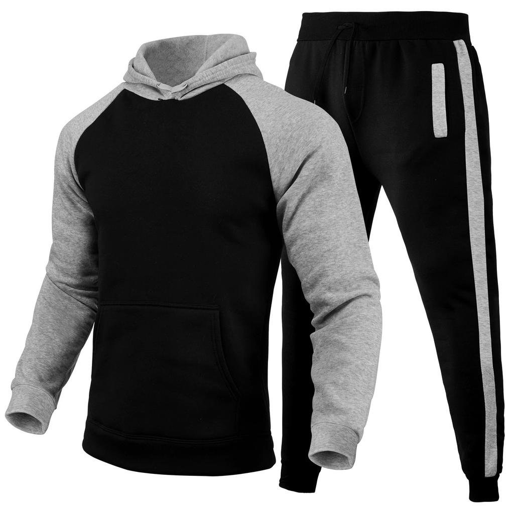 Men's Casual Hooded Two-tone Sweatshirt, Men's Fleece Warm Sports Sweatshirt And Pants Set