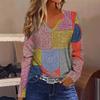 V-neck 3D Printed Geometric Patterns Top Fashionable Casual Long Sleeved Women's T-shirts
