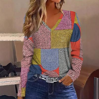 Топ с V-образным вырезом, 3D-принтом с геометрическими узорами, модный повседневный женский лонгслив