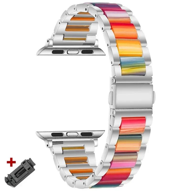 Ремешок из нержавеющей стали+смолы для Apple Watch 10 42 мм 46 Ultra 2 49 мм Женский браслет для IWatch 9 8 7 6 5 4 se 40 мм 38 мм 41 45 44 мм