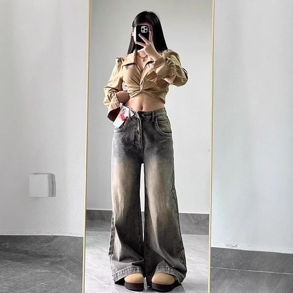 2025 Women's High-Waist Retro Straight Leg Jeans: Slimming, Loose-Fit, Wide-Leg Autumn Pants