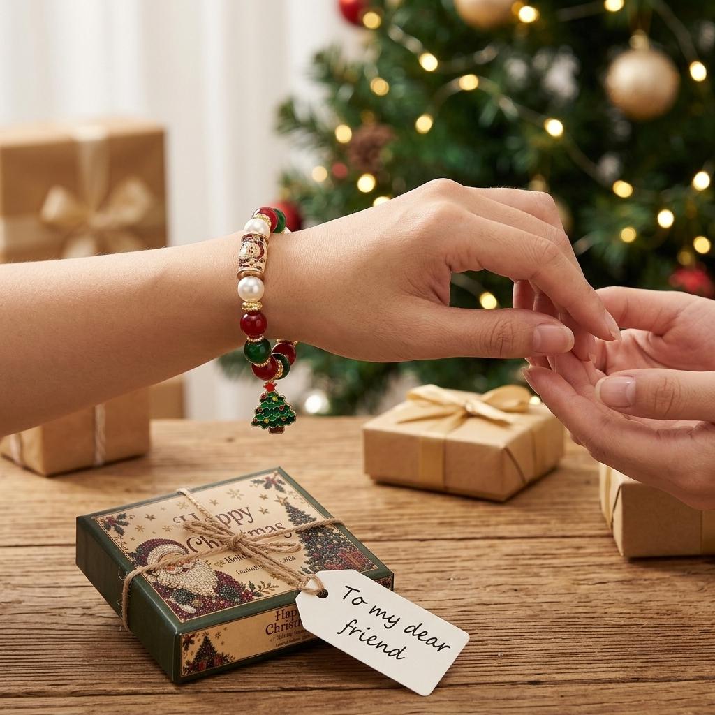 Christmas Pearl Bracelet with Natural Crystal Beads: Festive Holiday Jewelry Featuring Alloy Christmas Tree Pendant Stretch Wrist Accessory for Wome