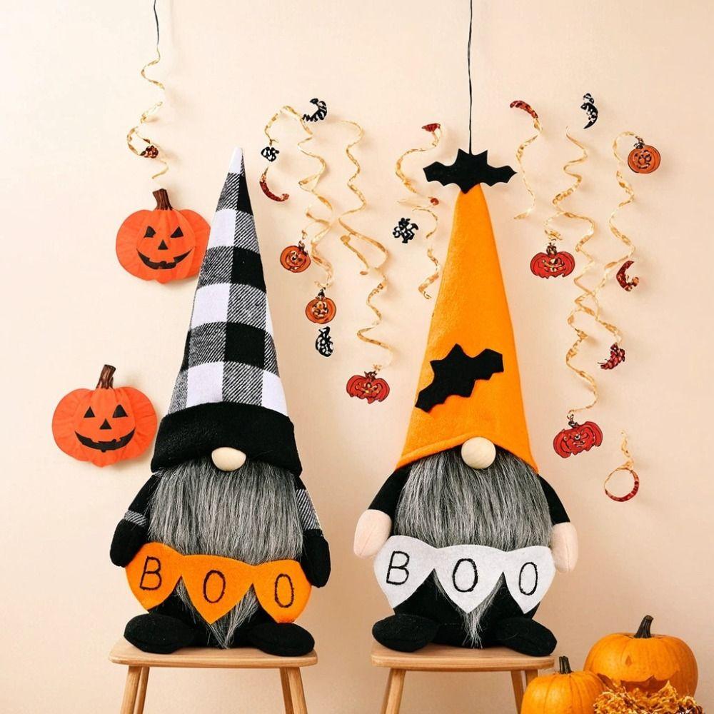 Long Beard Halloween Elf Dwarfs Dolls Bat Orange Hat Halloween Gnomes Decorations  Room Decor