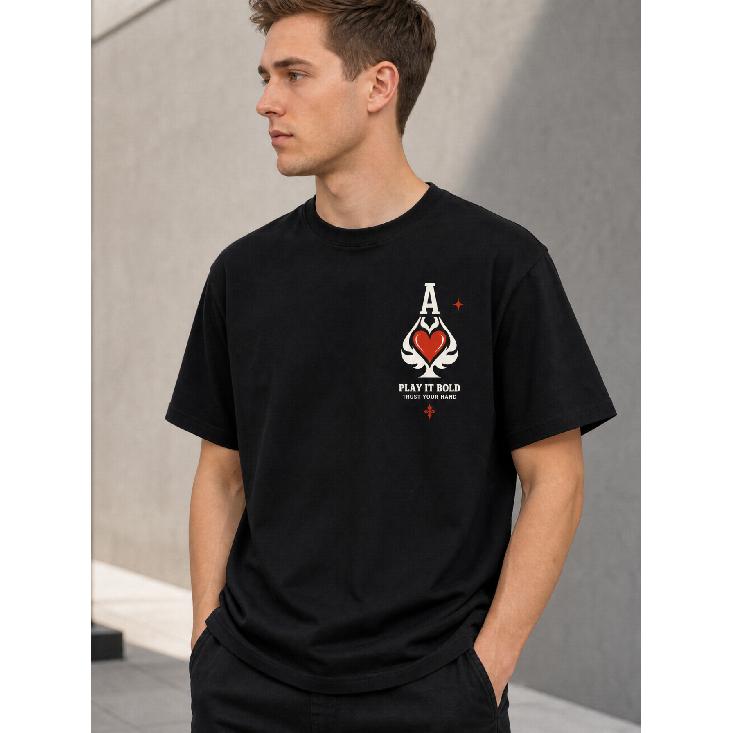 Men's Black Short Sleeve Crew Neck T-Shirt with Ace of Hearts Graphic Print, Soft Cotton Feel, Relaxed Fit for Casual Daily Wear