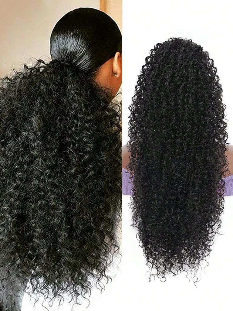 Synthetic Wigs Black 20-inch Drawstring Ponytail Deep Curly Heat Resistant Ponytail Extension Afro Style Kinky Curly Hair Pieces for Women