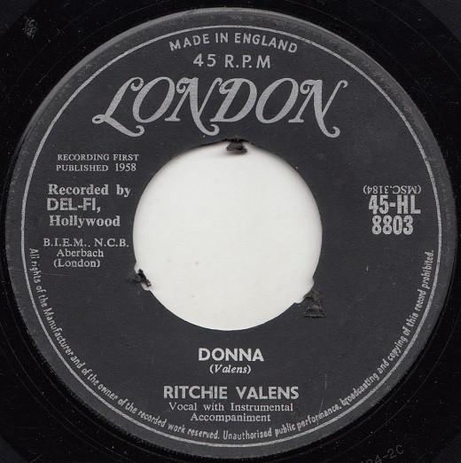 7-дюймовая пластинка RITCHIE VALENS - Donna / La Bamba 45HL8803 London Records 1959 UK Pop Б/у