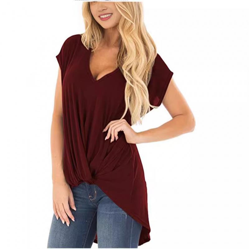 2026 Summer Women's New Short-Sleeve Solid Color V-Neck Twisted Breathable T-Shirt