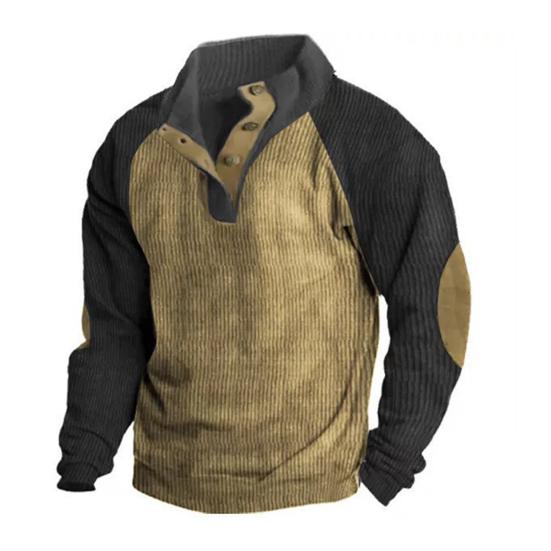 Весна Осень Мужская Толстовка Цветные Блоки Пэчворк Ретро Стиль Полуоткрытый Воротник-стойка Топ Плюс Размер Свободный