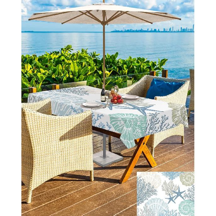 Abstract Marine Coral Outdoor Rectangle Tablecloth Zippered Table Cover with Umbrella Hole,Sea Ocean Starfish Texture Waterproof Table Cloths for