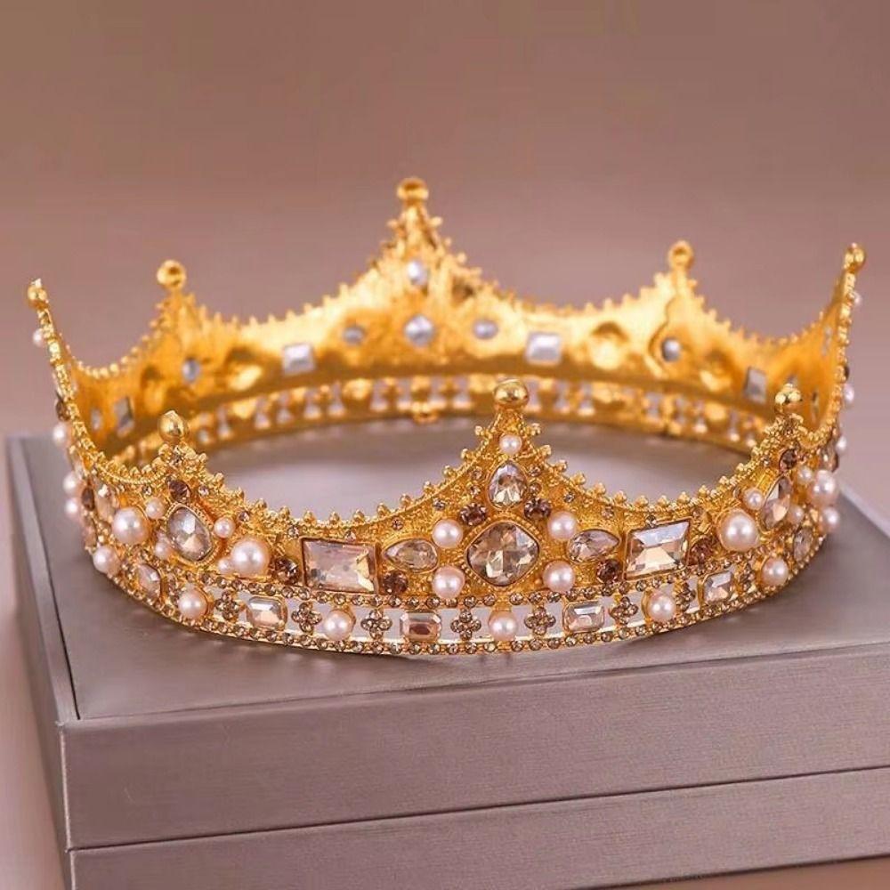 Pearl Bridal Tiara Crown Round Shape Pageant Prom Headpiece Vintage Baroque Crown  Costume Party