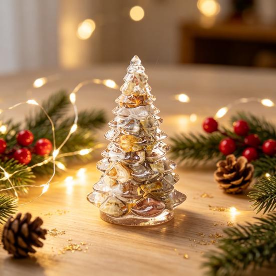 Elegant Holiday Decor Resin Christmas Tree Figurine, Crystal Desktop Ornament, Ornament Miniature Decoration for Home Office, Gift Party Centerpiece