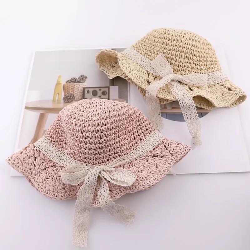 Cute Fashion Summer Children's Straw Hat Girls Breathable Lace Cap Bow Beach Sun Hat Wide Brim Kids Princess Travel Sunshade Hat
