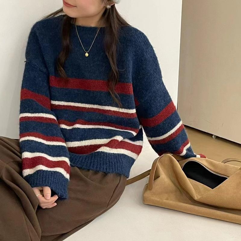 Осенне-зимний контрастный полосатый свитер с круглым вырезом для женщин, новый ленивый стиль, свободный и универсальный свитер, куртка